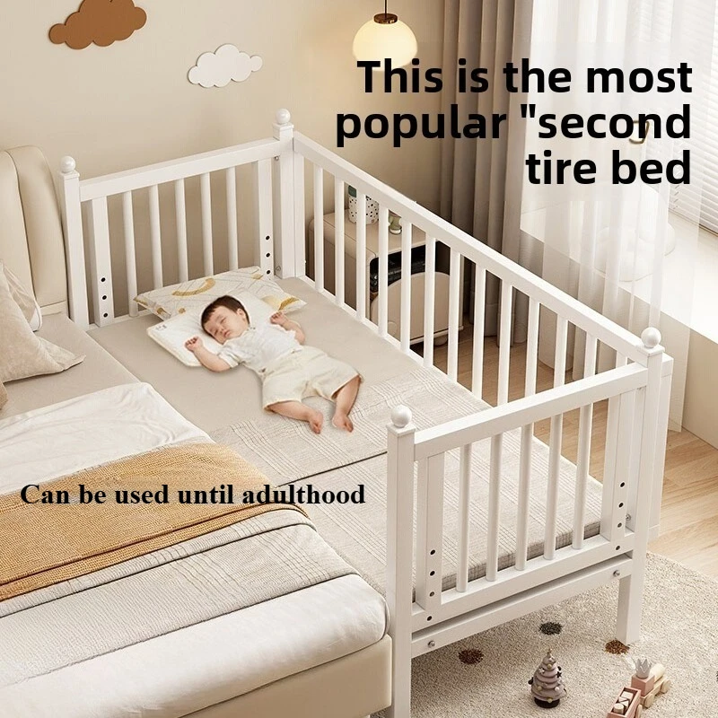 

Solid Wood Splicing Baby Crib, Multifunctional Baby Rocking Bed, Adjustable Guardrail Height with Mattress, Padded Bed Surround