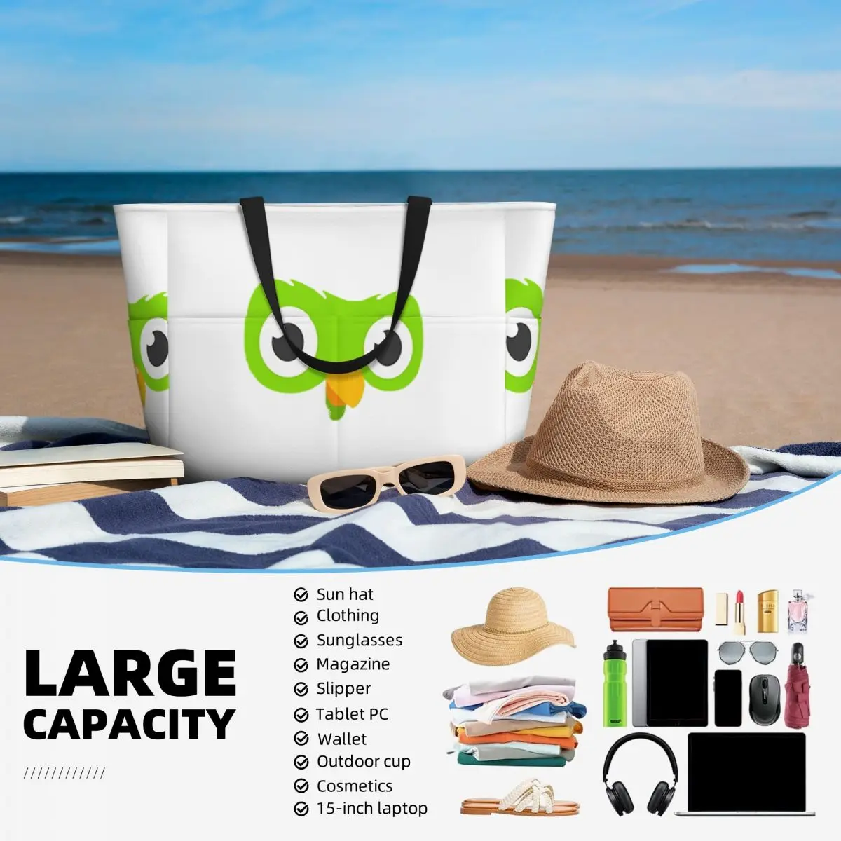 Duolingo Owl Duo Beach Tote Bag Sport Gym Yoga Duffle Large Tote Bag Women Travel Bag Fitness bag