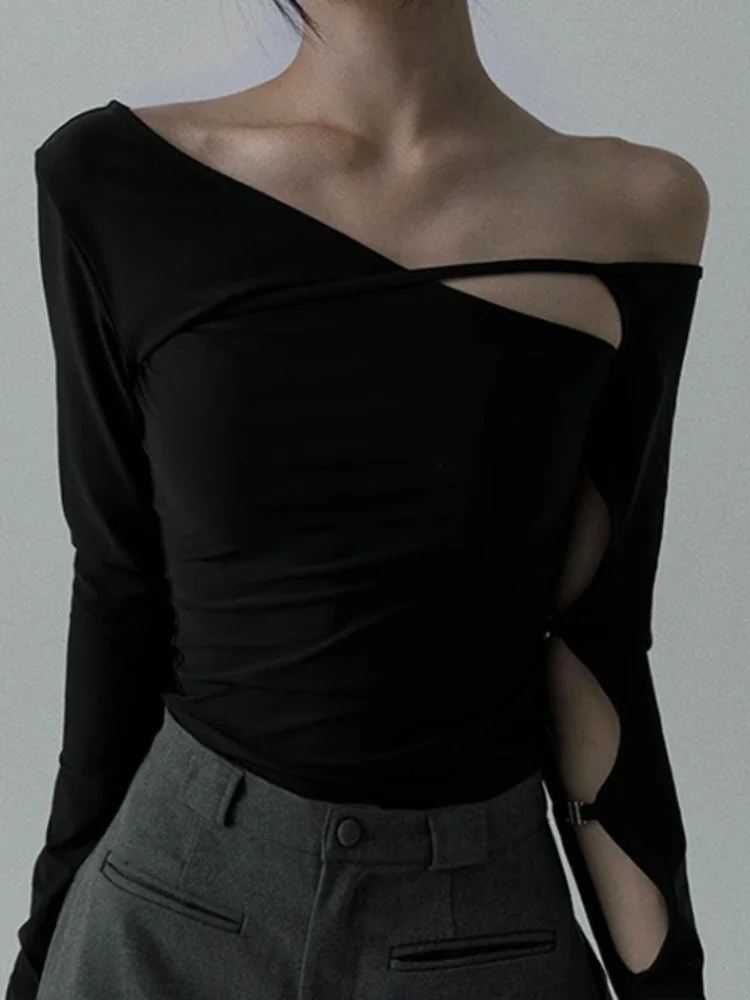 

Women Chic T-shirts Fashion Y2k Streetwear Off Shoulder Hollow Out Tees Solid Vintage Casual All Match Crop Top Long Sleeve Slim