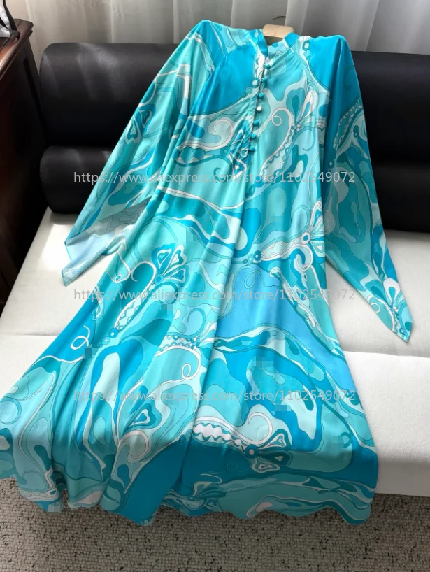 

Beach Style Spring Summer Silk Geometric Prints 2026 High Quality Blue Women 3/4 Sleeve Midi Dress for Holiday