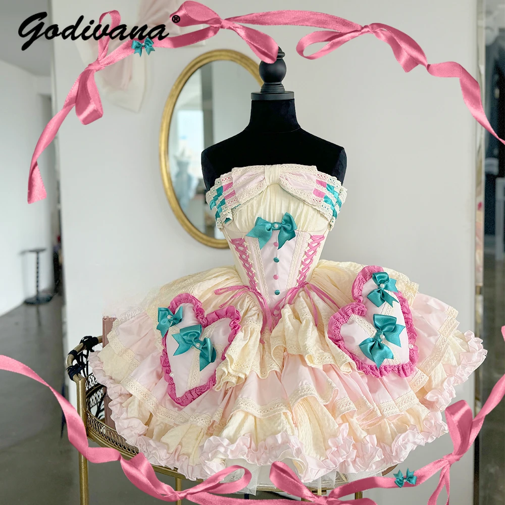 Lolita Sweet Honey Princess Tube Top Dress New Cute Girl Women's Strapless Bow Short Ball Gown Party Dresses