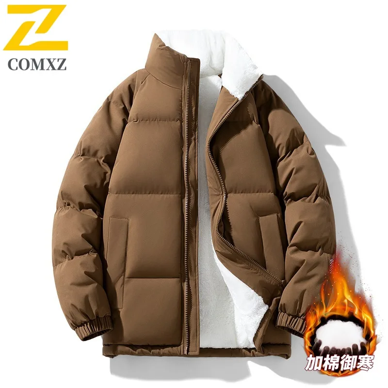 COMXZ 2025 Men Fleece Lined Jacket Winter Autumn Korean Style Loose Waterproof  Windproof Hooded Outdoor Sports Casual Coat