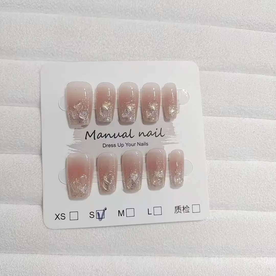 10pcs Short Squarefake Nails With Heart-Shaped Rhinestone Paillette Design Acrylic Nail Press Type Full Coverage Fake Nails image 4