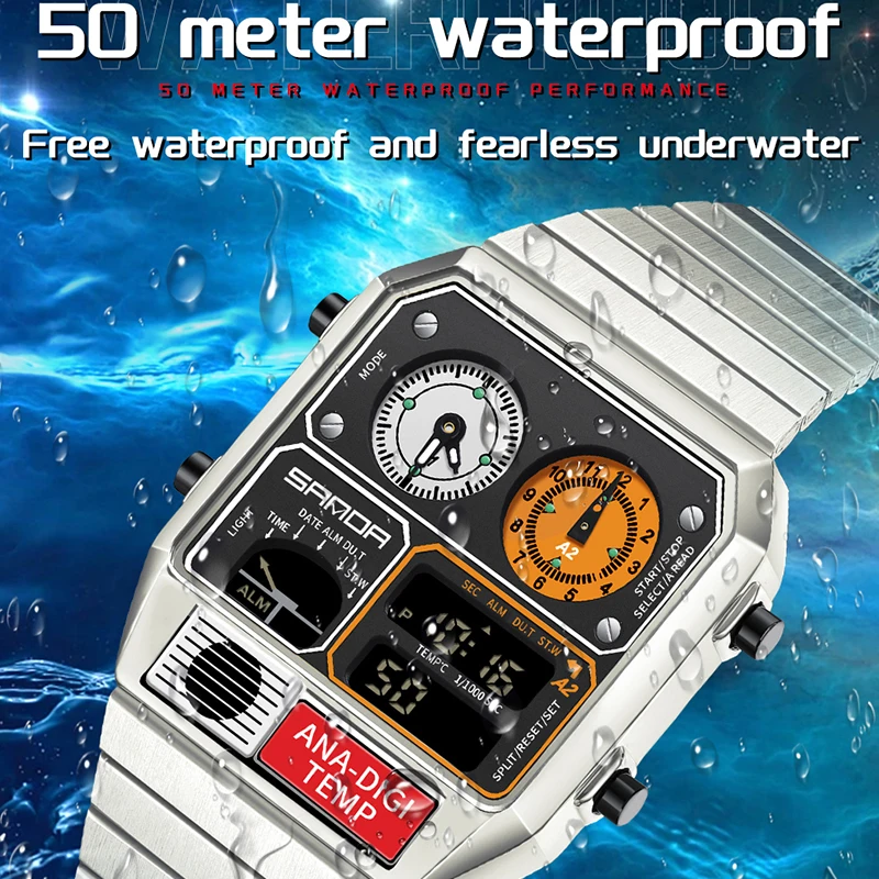 SANDA 3192 Top Men\'s Youth Casual Square Electronic Watch Multi Functional Temperature Gauge Stopwatch Chronograph Men\'s Watches