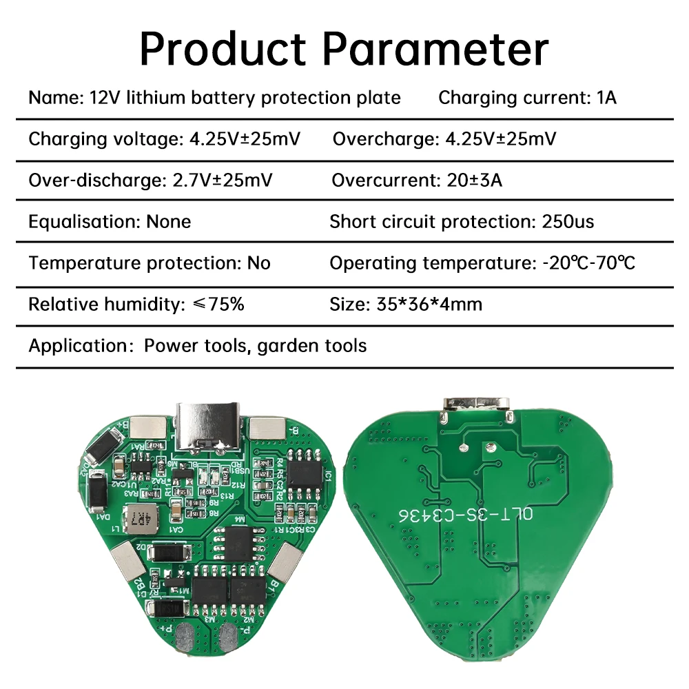 3S 20A 12V 유형 C 충전 포트 18650 리튬 배터리 보호 보드 전동 공구 용 과충전/단락 회로 보호