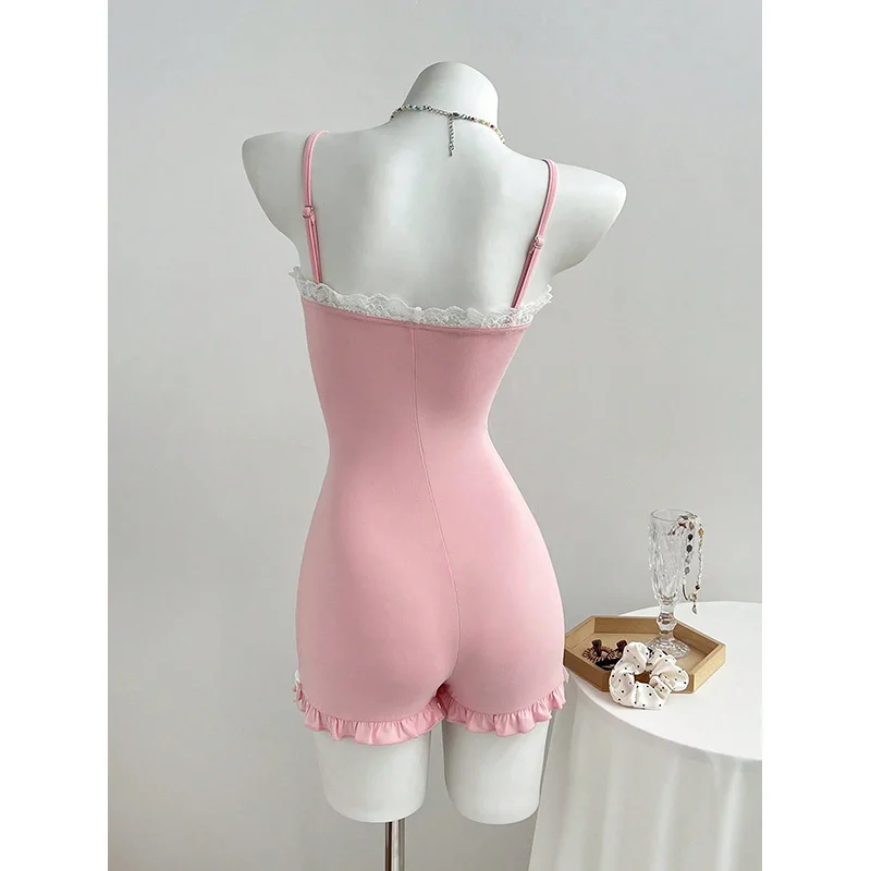 Benuynffy Pink Contrast Lace Backless Jumpsuit Romper Women Summer Cute Bow Sports Casual Ruffle Hem Tight Rompers Female