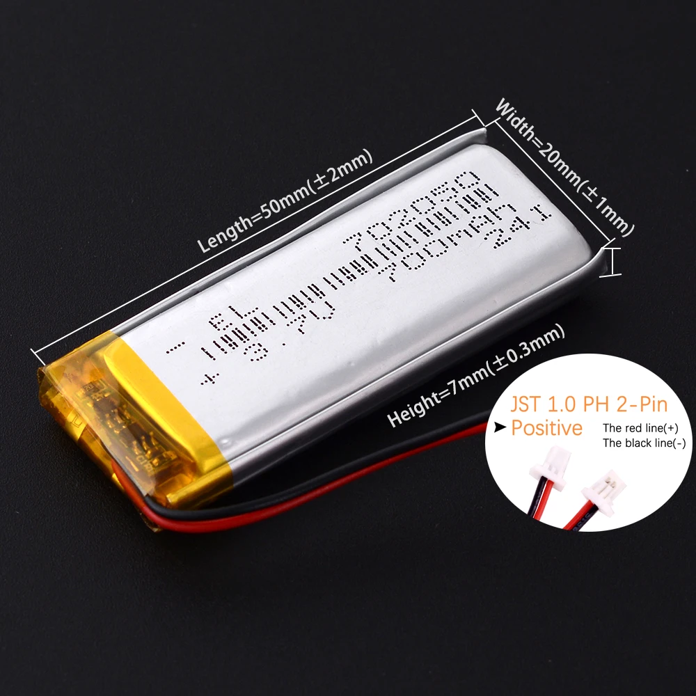 JST 1.0 مللي متر 2 دبوس 3.7 فولت 700 مللي أمبير 702050 ليثيوم بوليمر يبو بطارية قابلة للشحن 302050 402050 502050 602050 802050 902050 102050