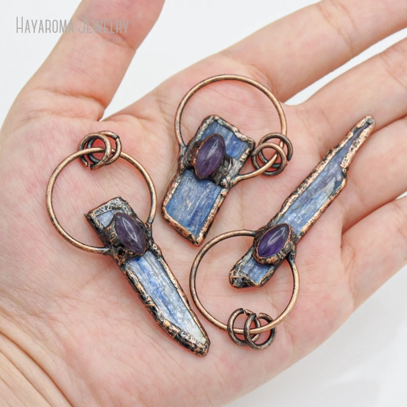 

10Pcs Copper Electroformed Kyanite Amethyst Hoop Pendant Natural Crystal Statement Handmade Boho Gift