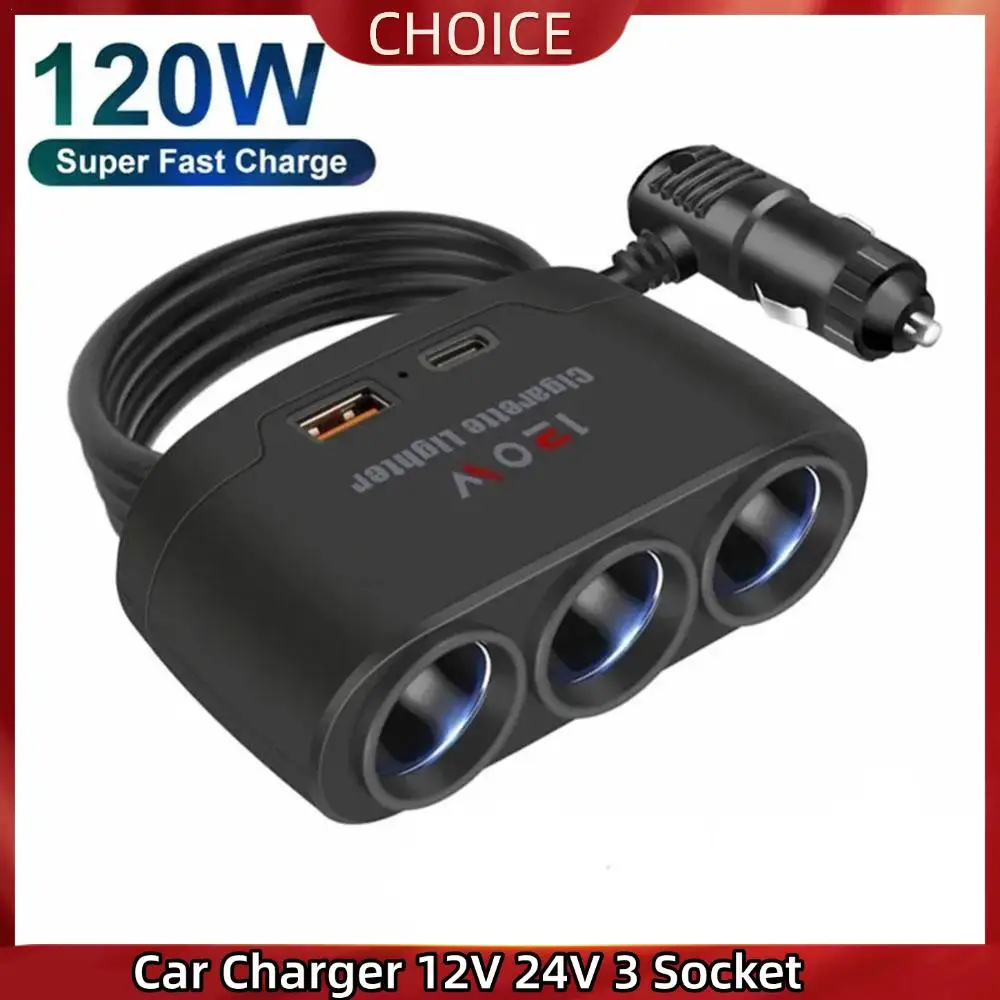 Car Charging Adapter One Tow Three Conversion Head with USB+PD Extended High Power 12V24V Universal Model