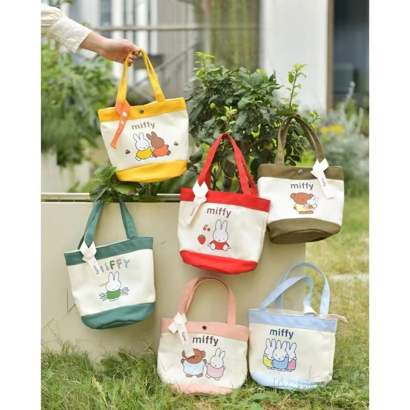

New Kawaii Miffy Cute Cartoon Rabbit Printed Bento Box Thick Canvas Bag Handheld Bucket Bag Girl Gift Portable for Outings