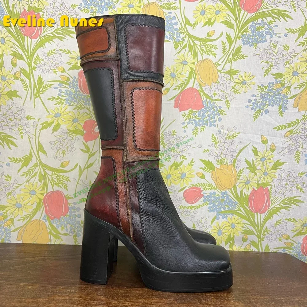 Platform Plaid Patchwork Retro Women\'s Knee High Boots Square Toe Block Heels Zipper Closure Large Size Modern Boots 2024 Winter