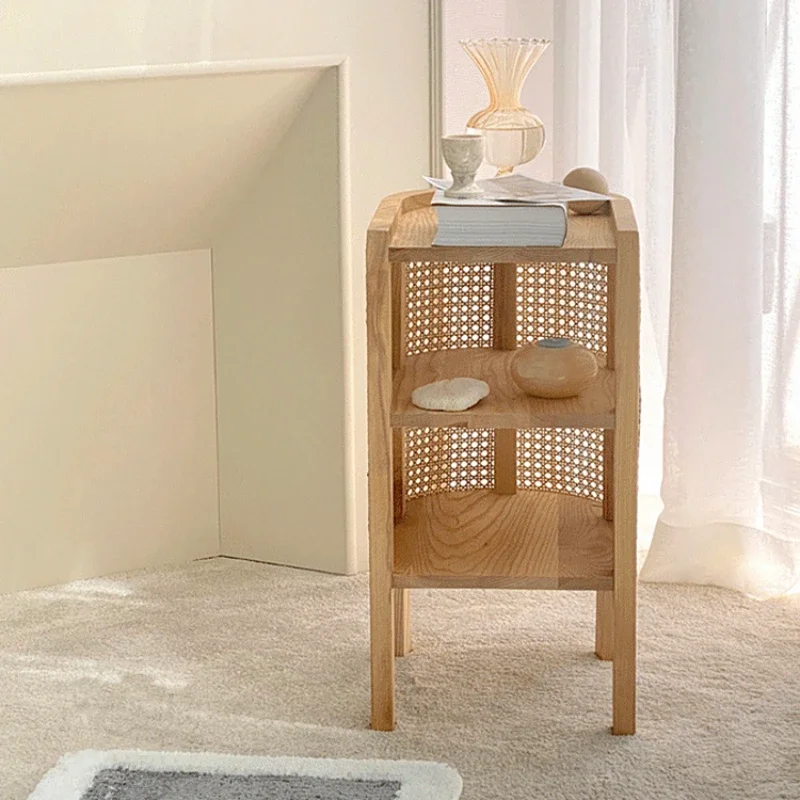 Japanese Bedside Table Rattan Woven Wood Bedroom Furniture Double-layer Structure Nightstand Table Versatile Scene Side Table