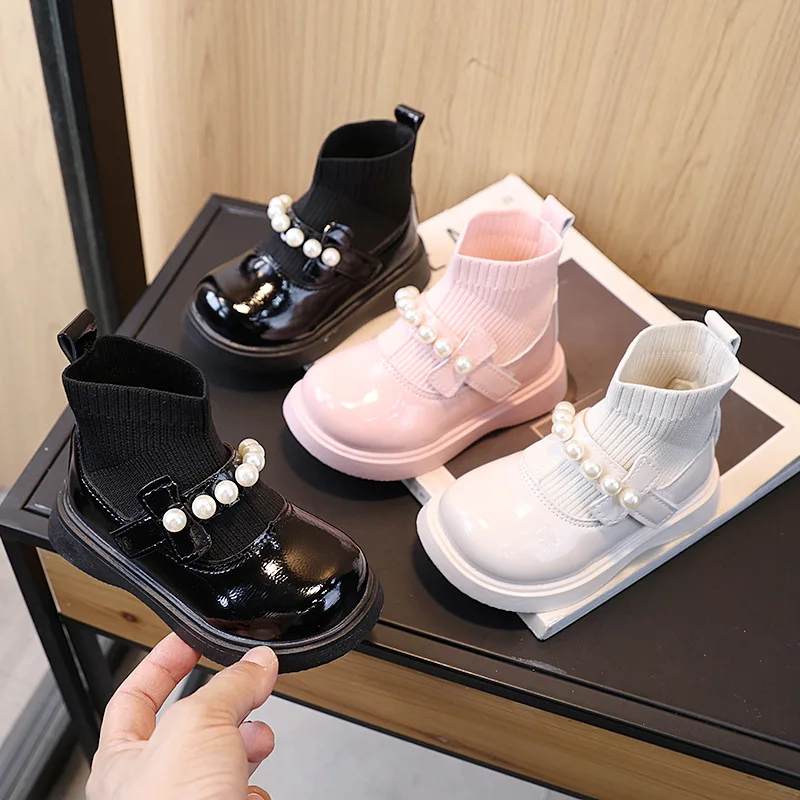 

PU Leather Fashion Children Casual Sock Shoes Girls Anti-Slip Snow Boots Warm Suede Kids Pearl Boots Fall Cotton Shoes Sneakers
