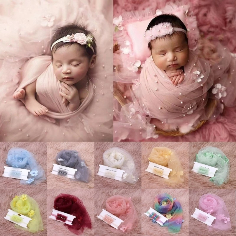 Accessoires photographie pour nouveau-né, 2 pièces, longue enveloppe en mousseline soie, perles, décoration florale, Photo