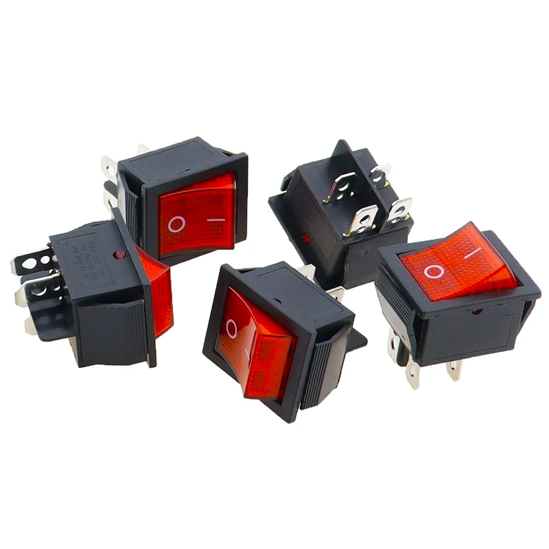 5pcs 2 Position Red Light Rocker Switch 16A/250V KCD4-20 4 Pin ON/OFF Toggle Switches 35 x 25.5 x 10mm