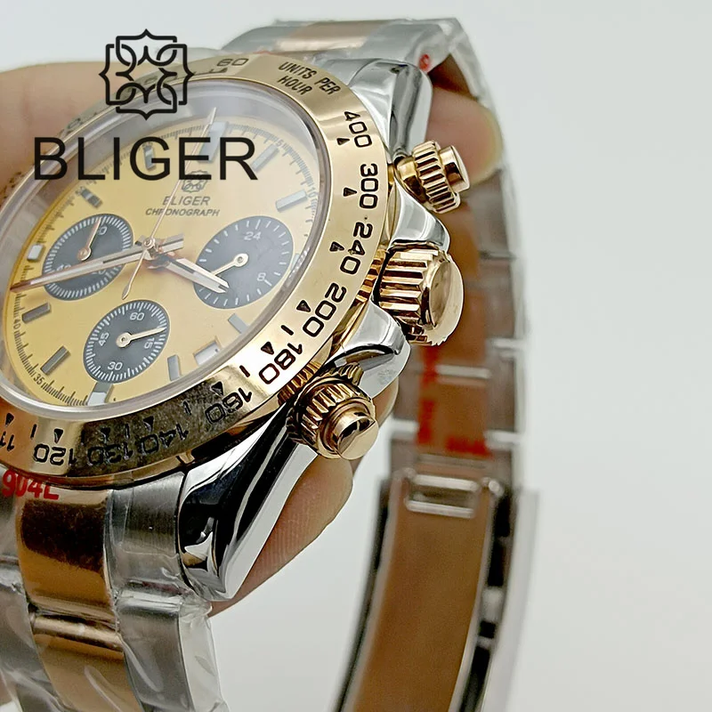 BLIGER 39mm Luxury Fashion Men Watch VK63 Movement Quartz Chronograph Rose Gold Case Bracelet Sapphire Glass Yellow Dial Reloj