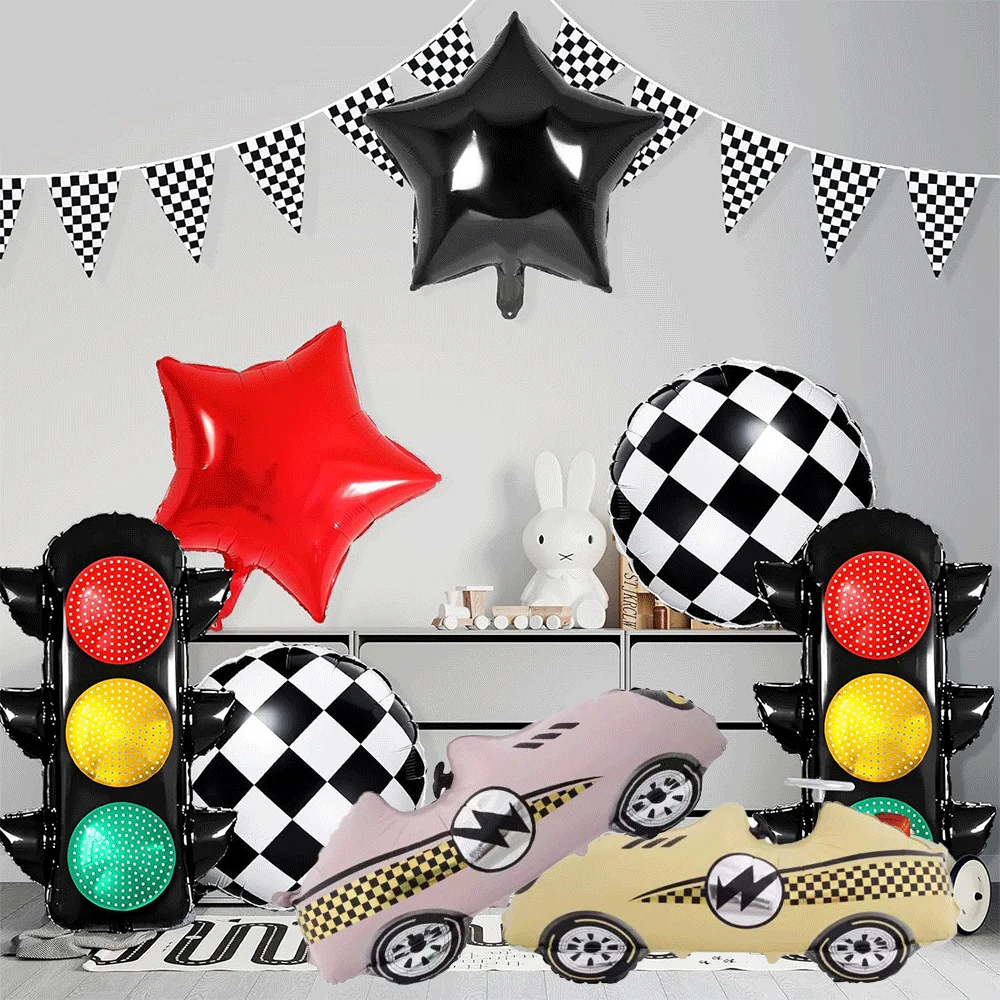 Racing Theme Party Decor Black and White Plaid Wheel Foil Balloon Sport Car Traffic Light Balloon Birthday Racing Party Supplies