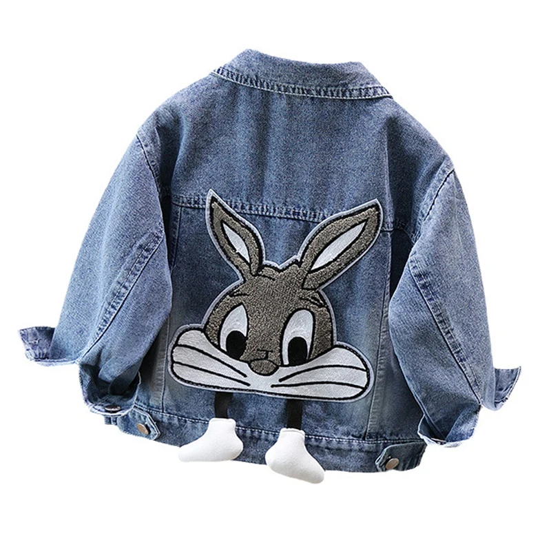 3 4 5 6 8 10 12 Years Girls Denim Jacket Cartoon Rabbit Pattern Lapel  Fashion Coats For Teen-agers Girls Outdoor Windbreaker