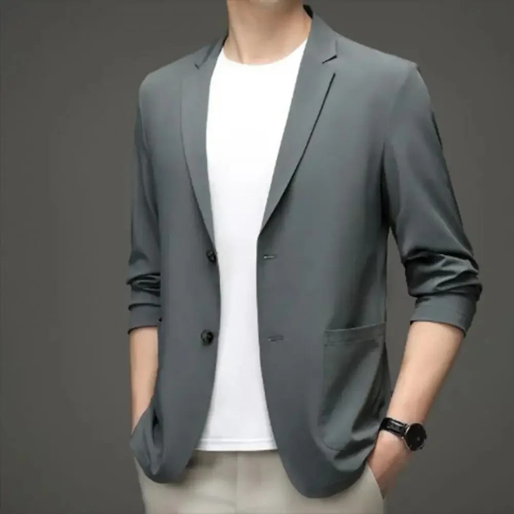 Men Blazers Slim Fit Double Buttons Business Jacket Lapel 3/4 Sleeves Commuting Suit Coat Solid Color Lapel Groom Coat