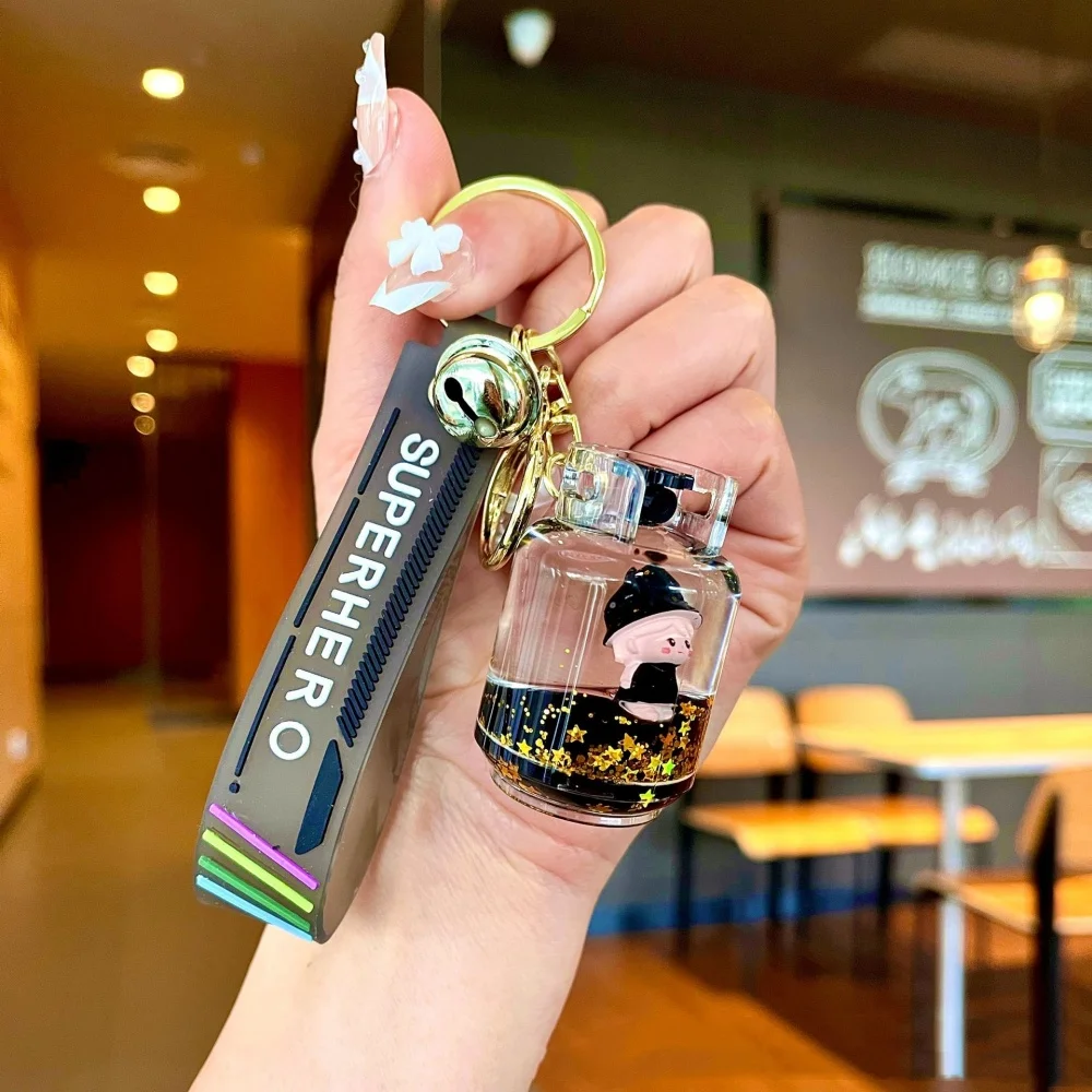 Cute Key Chain Creative Interesting Floating Milk Tea Girl Lucky Bottle Keychain For Men Women Quicksand Bottle Liquid Keyrings