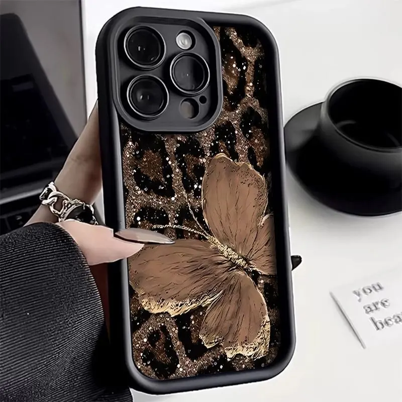 

Brown Butterfly Leopard Print Phone Case For iPhone 17 16 Pro Max 11 13 12 14 15 8 7 Plus XS XR X 16E 17E Shockproof Soft Cover