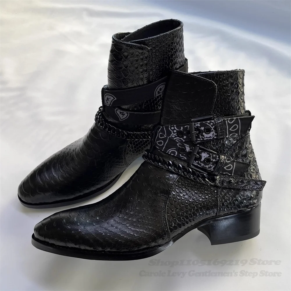 Snake Pattern Chelsea Boots Trendy Men's High Street Pointed Toe Belt Buckle Metal Chain Black Leather Casual Ankle Boot
