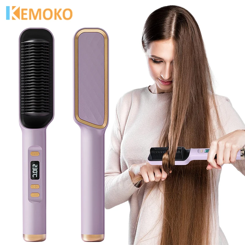 Ionic Hair Straightener Curler Brush Electric Fast Heating Comb Multifunctional Fast Heating Curler Straightener Comb Hair Salon