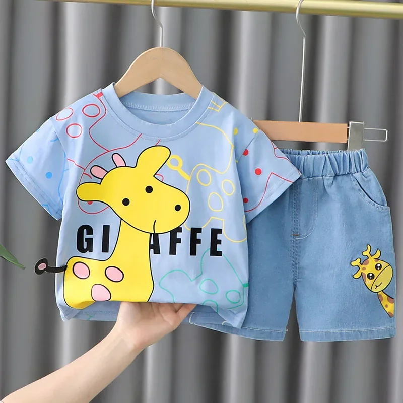

2 Piece Set Summer Toddler Boy Outfits Korean Cartoon Cute Print Short Sleeve Baby Tops+Denim Shorts Boutique Kids Clothes B164