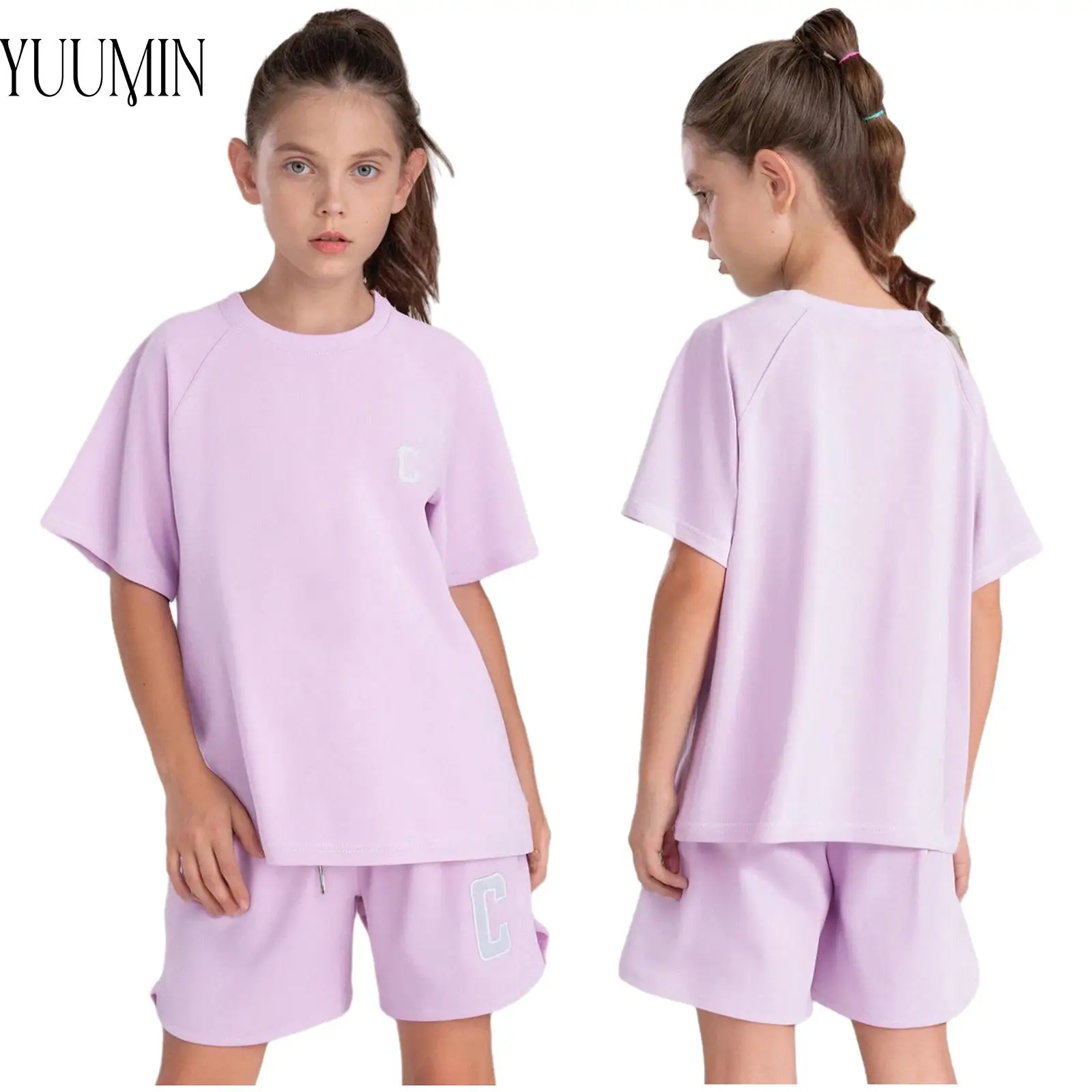 

Child Girls Fashion Sports Set Moisture-Wicking Athletic Outfit Round Neck Short Sleeve T-shirt with Shorts for Running Workout