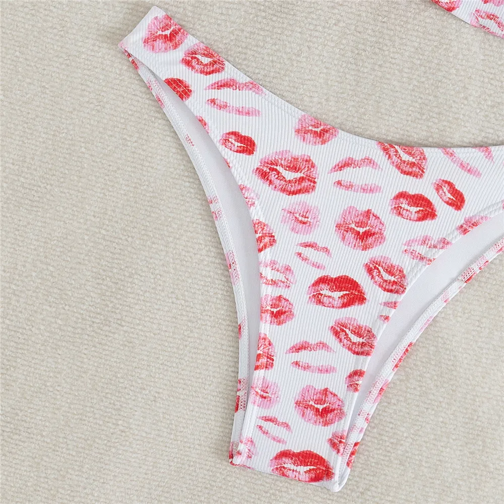 Rode Lip Print Bandau Mini Bikini Micro Sexy Badpak Vrouwen Vakantie Badmode Hoge Cut Badpak Witte Bikini De Mujer 2025