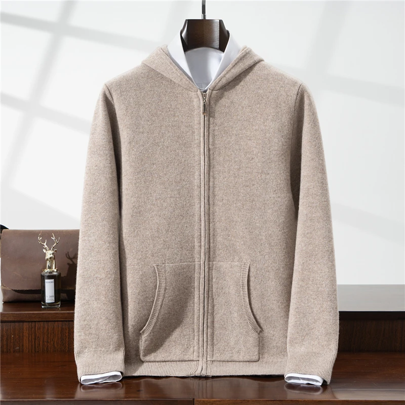 Thickened 100% Wool Coat Men's Knitted Long Sleeve Sweatshirt Autumn Winter Versatile Hooded with Pockets Loose Zipper Cardigan