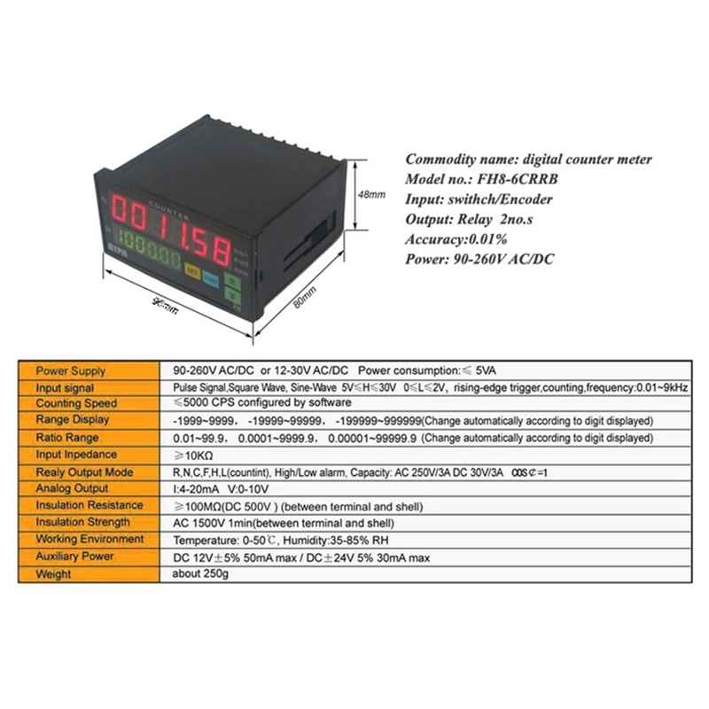 Mipin FH8-6CRRB podwójny licznik wyświetlacz cyfrowy 6 cyfr dioda elektroluminescencyjna miernik długości AC/DC czarny