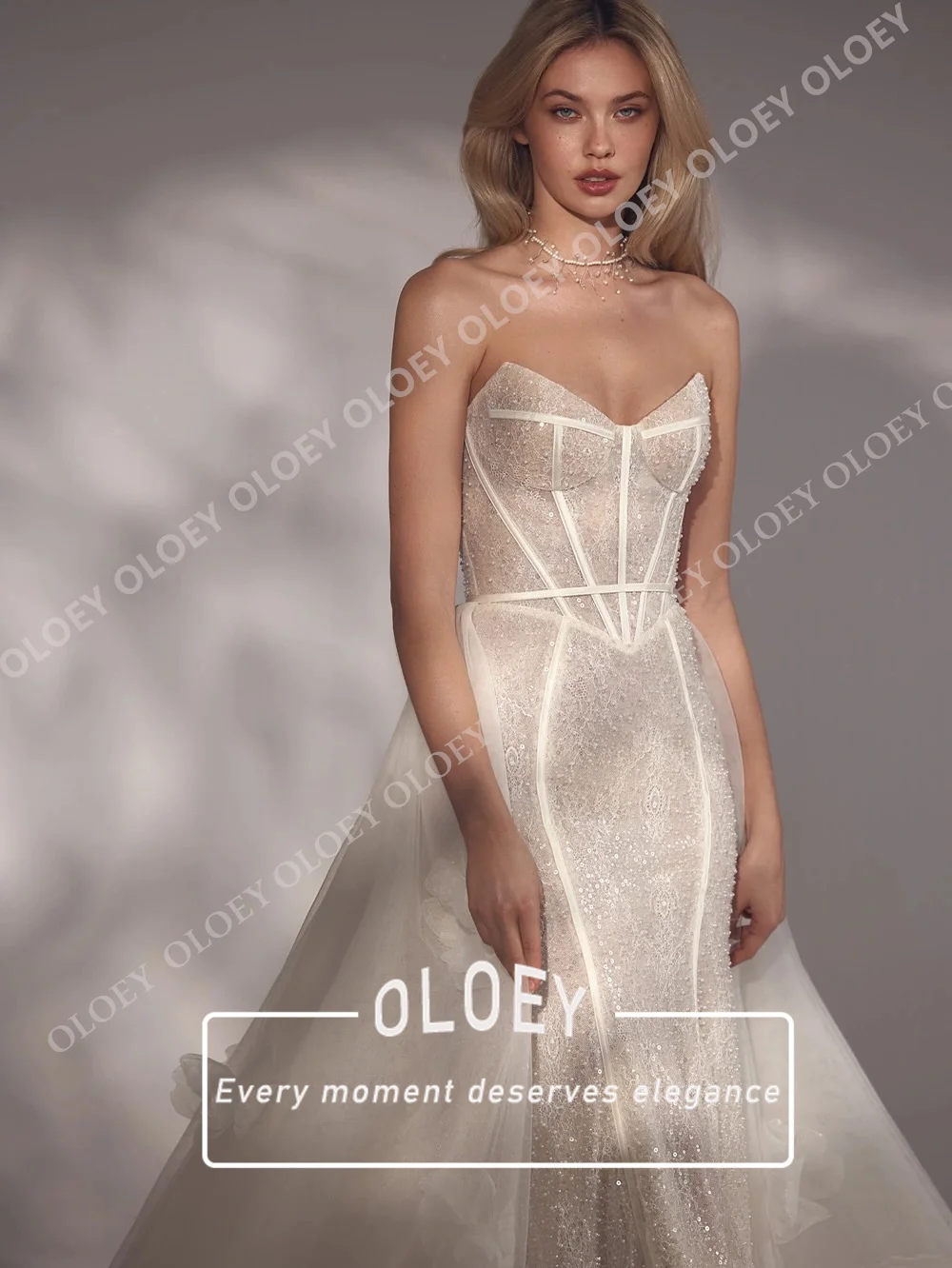 OLOEY Luxury Strapless Sequined Mermaid Wedding Dress With 3D Flowers Detachable Tulle Tail High-End Customized Bridal Gown