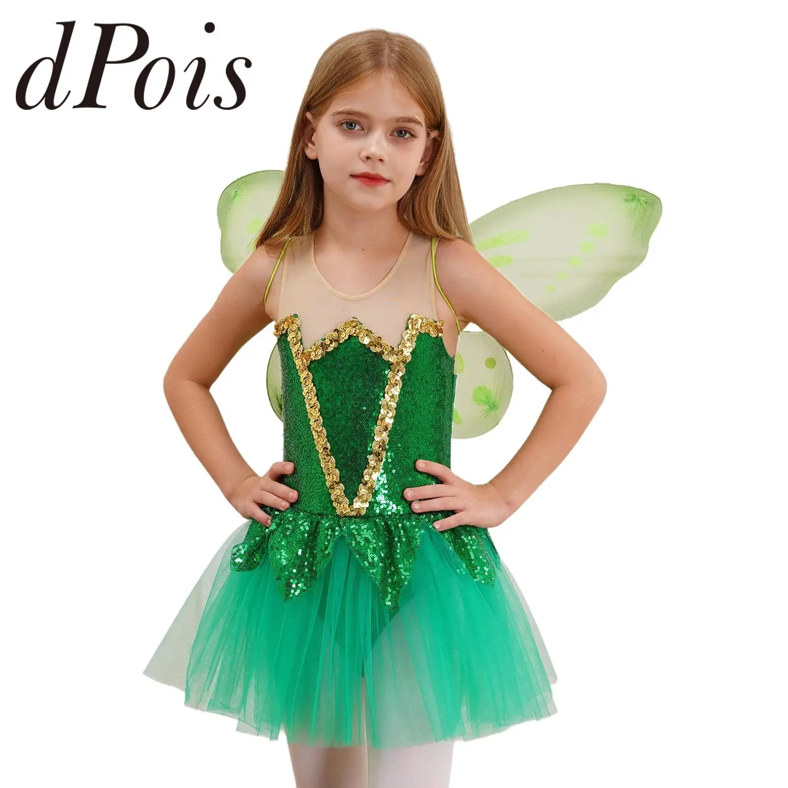

Girls Christmas Elf Cosplay Costume Kids Shiny Sequins Leotard Tutu Dress with Butterfly Wings New Year Stage Performance Dress