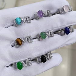 natural gemstone amethyst topaz clear quartz agate love style adjustable copper plated silver ring for women jewelry gift