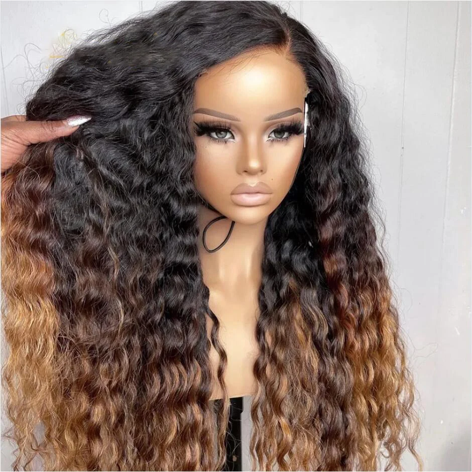 Perruque Lace Front Wig crépue bouclée sans colle pour femmes noires, cheveux de bébé, délié naturel, ombré, blond, brun, pré-plumé, 26 "de long, densité 180