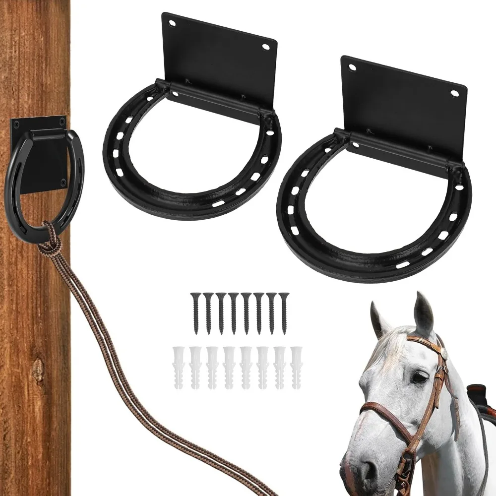 2Sets Solid Horse Tie Rings Black Coated Wall Mounting Horse Hitching Ring Expansion Screws Steel Stable Tie Rings Grooming Area