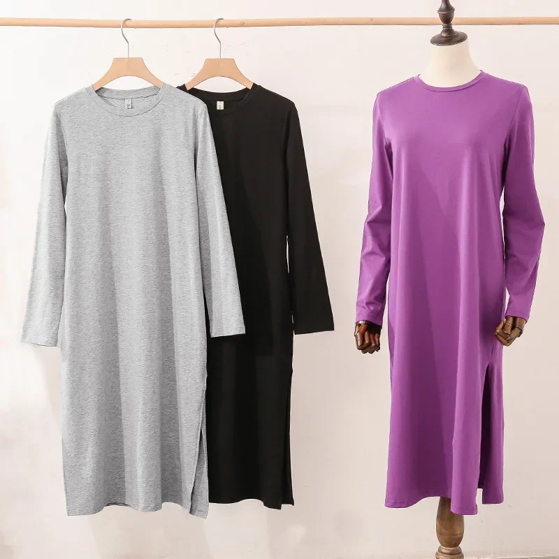 Casual Long Cotton Women Dress Loose Full Sleeve Round Neck Soild Maxi Party Dresses Ladies Robe Female Clothing Hoilday Trip