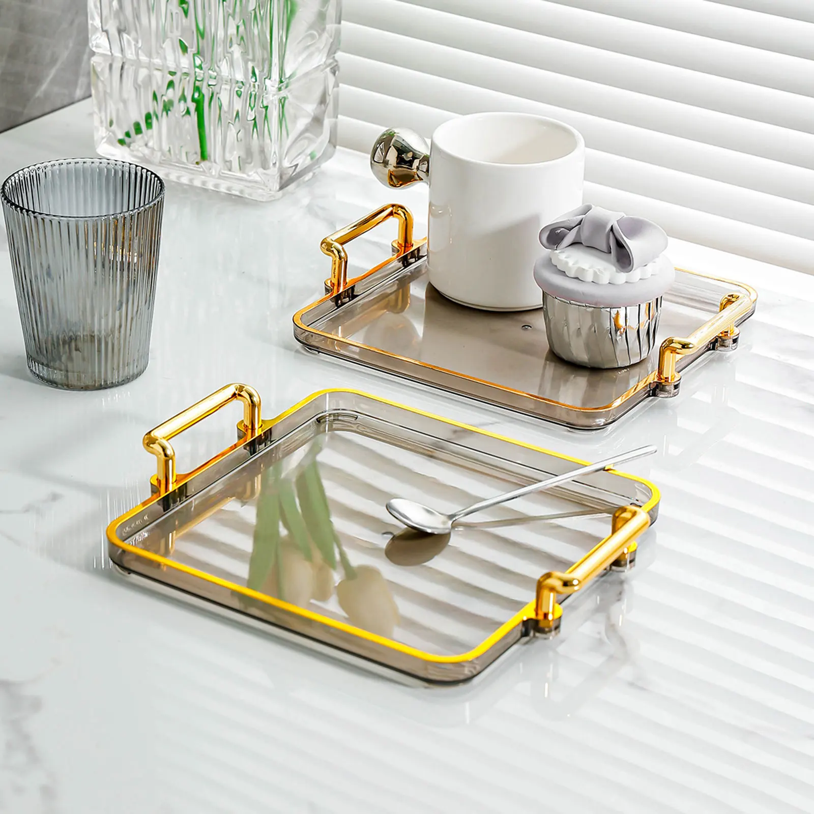 Serving Tray with Handles Eating Tray Cosmetic Storage for Home Countertop Centerpiece Rectangular Table Decor Food Tray