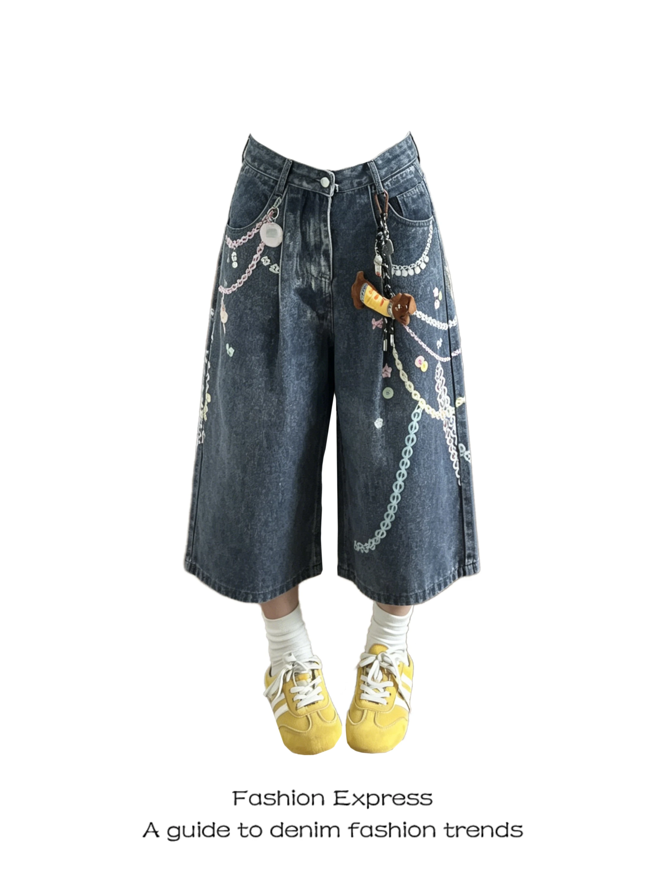 

Y2K Dopaamine Print High-End Loose Wide Leg Jeans Women Summer Aibi Loose Fit Seven Inch Pants Casual Style High Waist Denim
