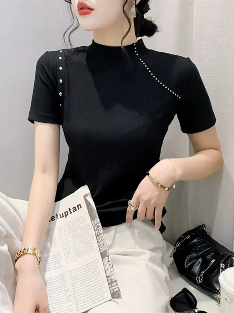 2024 Half Turtleneck Cotton High Street Rivet Female T-shirt Spring Summer Slim Solid Casual Woman S-3XL Short Sleeve Charming