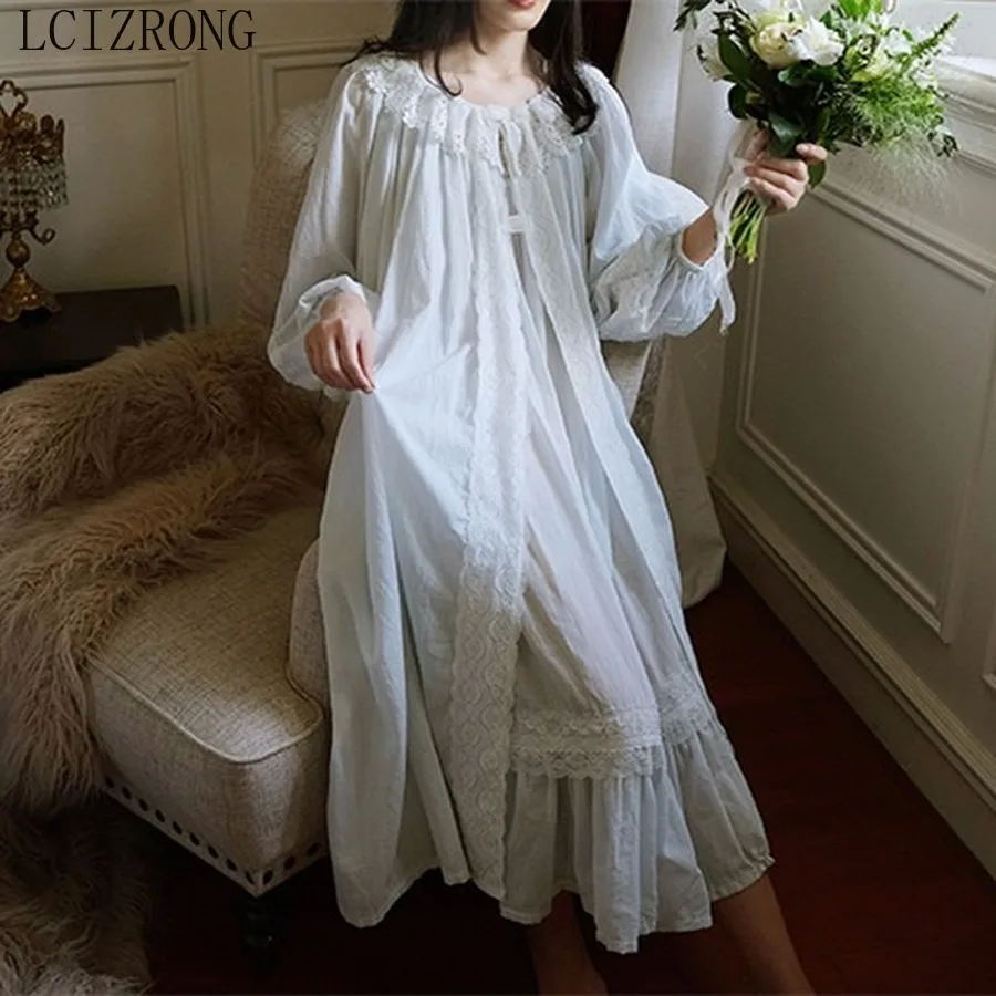 Vintage Cotton Women\'s Robe Sets Two-piece Lace Retro Princess Long Sleepwear Girl Retro Nightwear Female Home Wear Plus Size