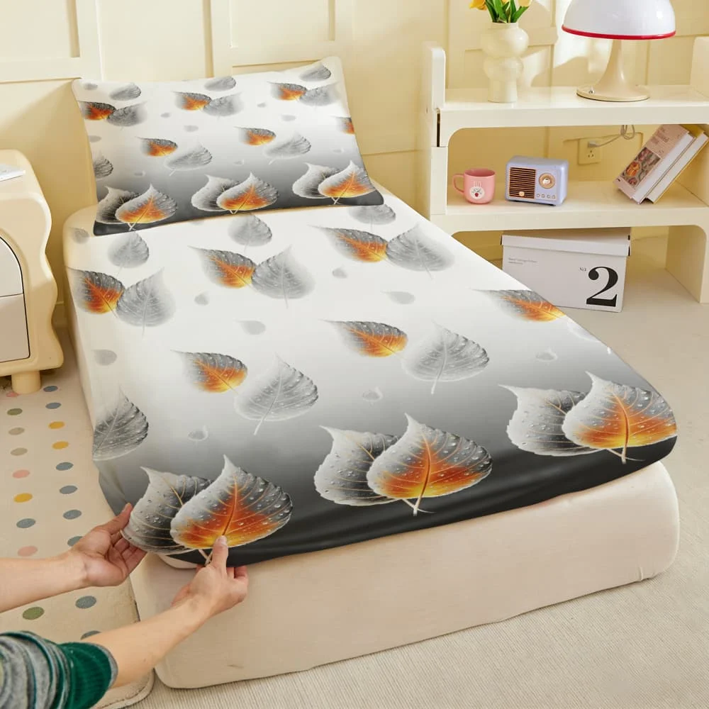 1pc Tranquil Gradient Bodhi Leaf Print Fitted Sheet Deep Pocket Elastic Mattress Cover Single Double Queen King Bedroom Decor