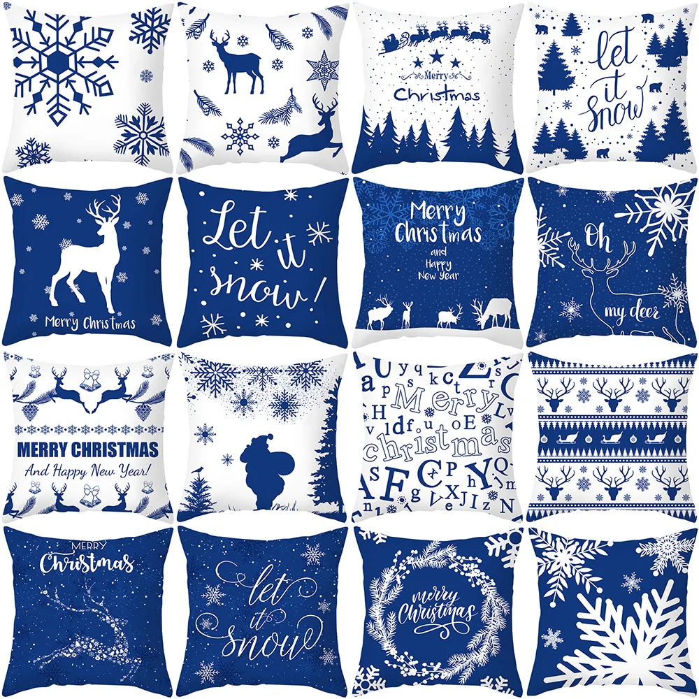 

45cm Blue Snow Winter Christmas Pillowcase 2026 Xmas Ornaments Sofa Pillow Cover Merry Christmas Decor Home Car Cushion Cover