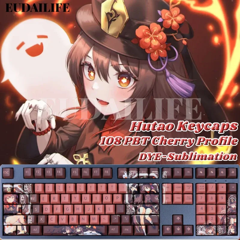 

Hutao 108-клавишный колпачок из ПБТ Genshin Impact DYE, сублимационный вишневый профиль MX, переключатель поперечной оси, колпачок для клавиш, механическая клавиатура, подарок