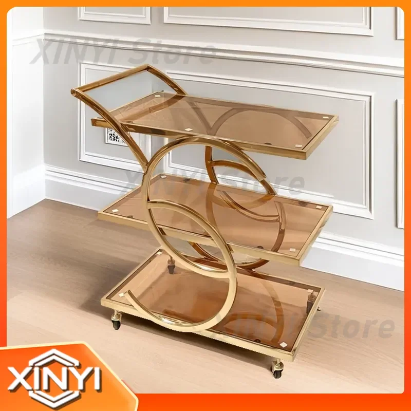 Hotel Stainless Steel Dining Cart with Tempered Glass Shelf for Restaurant Mobile Wine Cart Trolley Factory Direct Sales