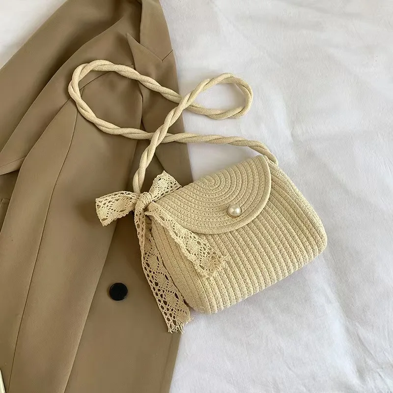 Pastoral Straw Beach Bag Woven Summer Shoulder Bags with Cute Lace Bow Crossbody Bag for Women Beach Picnic Vacation