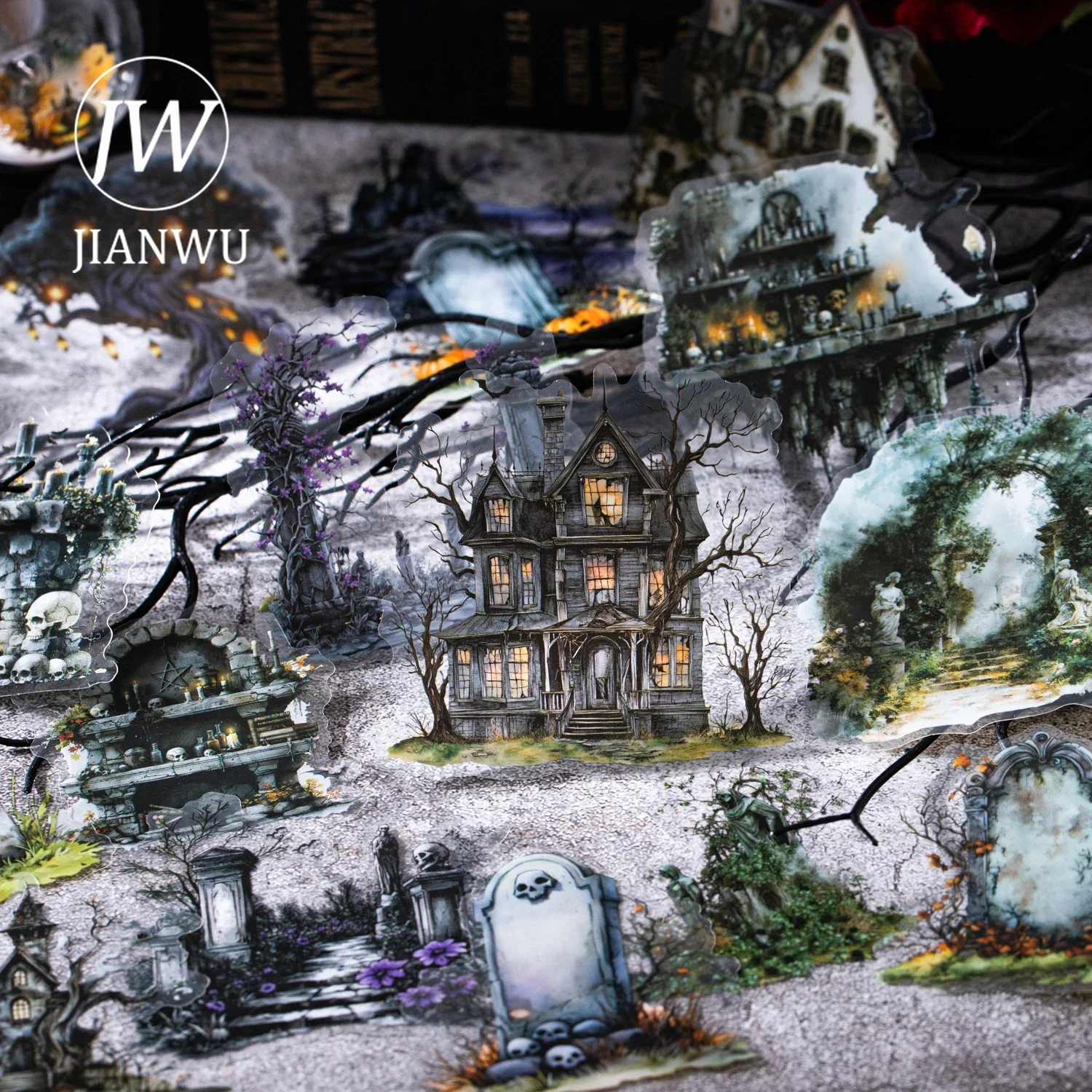 

JIANWU Abandoned City Series Vintage Dark Gothic Forest Landscape Material Collage PET Sticker Creative DIY Journal Stationery