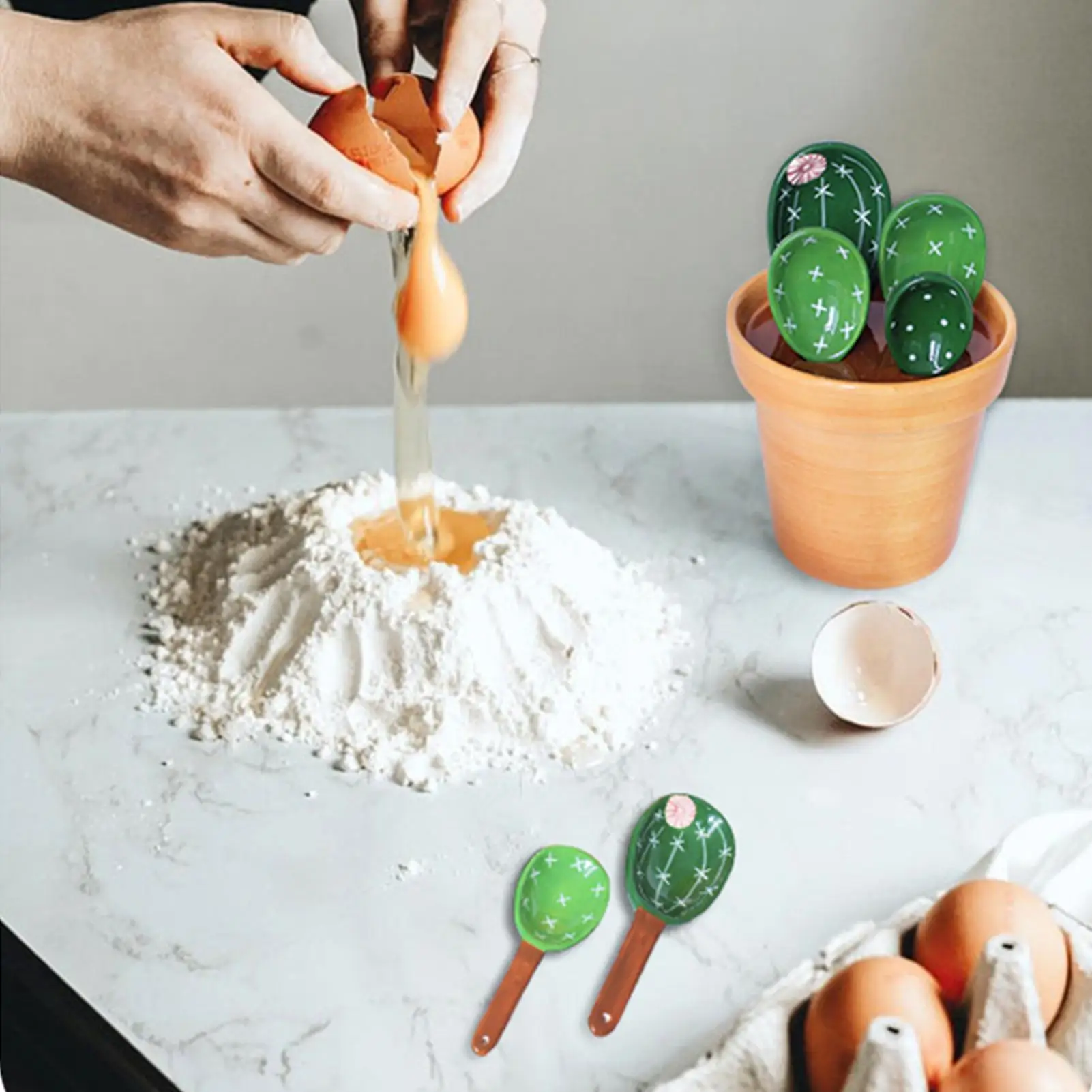 Measuring Spoon Set 4 Pieces Ceramic Cactus with Storage Small Measuring Spoons Kitchen Gadgets for Powder Sugar Salt Seasoning