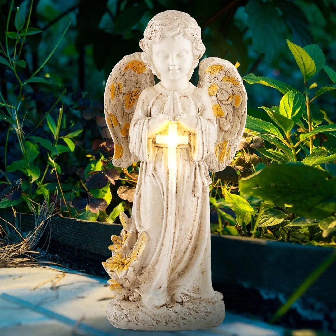 Solar Garden Decor Outdoor Statue, Solar Angel Statues Outside Garden, Solar Resin Prayer Angel with Flower Ornament Light, for Yard Patio Porch Balcony Home Decor